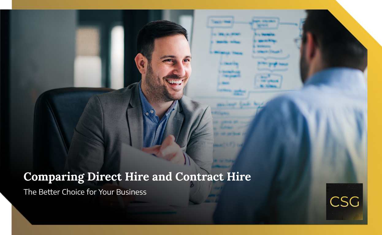Business people discussing Direct Hire vs Contract Hire hiring options